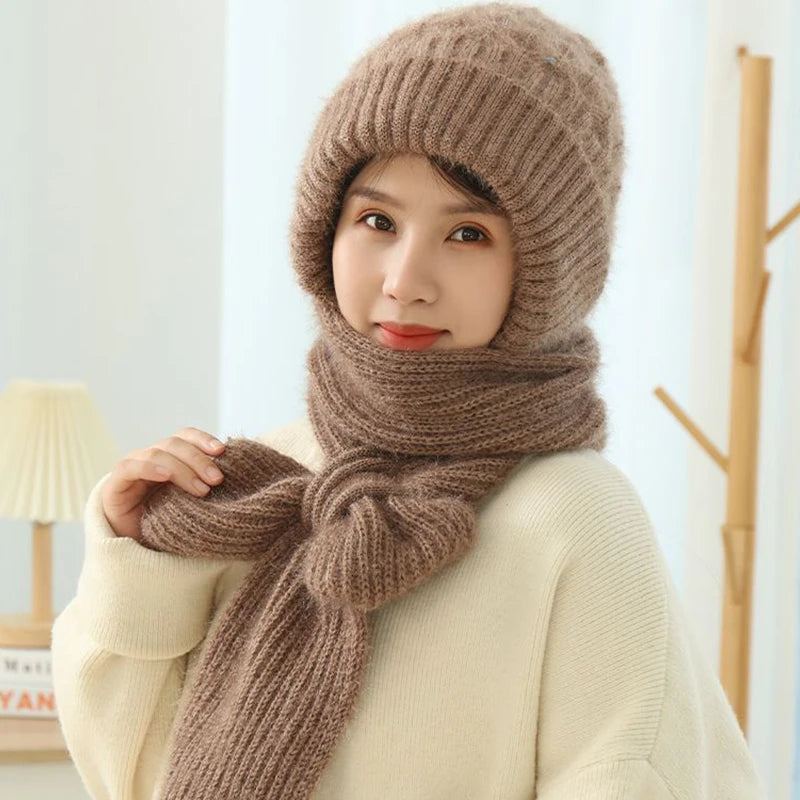 Women's all in one knitted Scarf and Beanie Cap