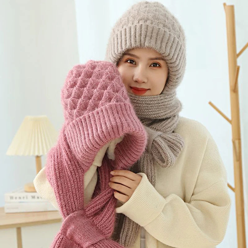 Women's all in one knitted Scarf and Beanie Cap